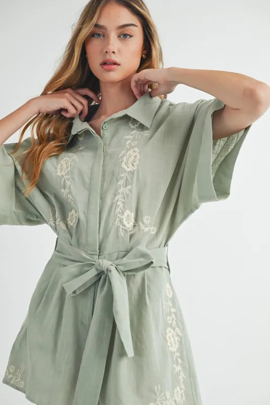 Embroidered Button Down Collared Neck Romper Romper