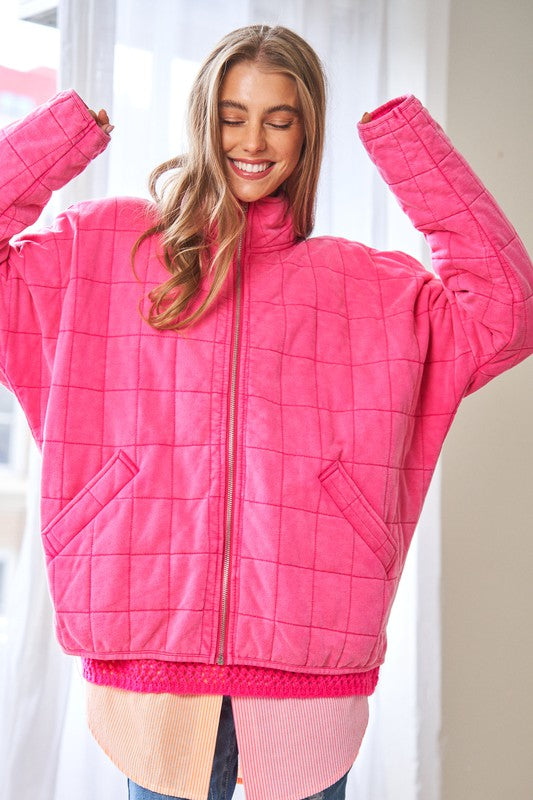 Washed Soft Comfy Quilting Zip Closure Jacket Bubble Pink Jacket