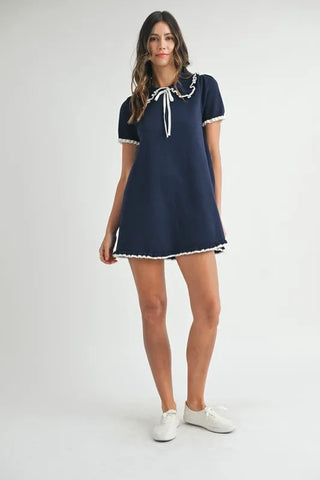 Ruffle Trimmed Collar Fine Knit Mini Dress Dress