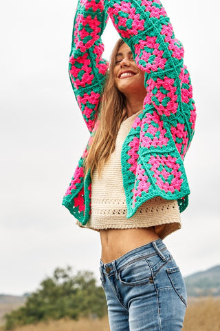 Two-Tone Floral Square Crochet Open Knit Cardigan cardigan