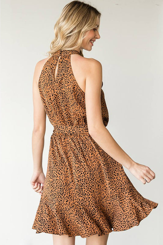 First Love Full Size Leopard Belted Sleeveless Dress Dress