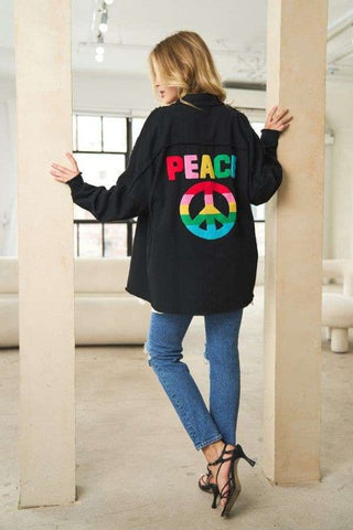 MULTI COLOR LETTERING PEACE SYMBOL BUTTON UP SHIRT Shirt