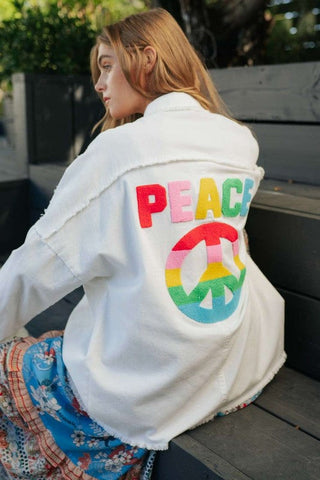 MULTI COLOR LETTERING PEACE SYMBOL BUTTON UP SHIRT Shirt