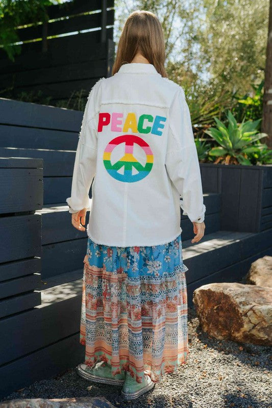 MULTI COLOR LETTERING PEACE SYMBOL BUTTON UP SHIRT Shirt