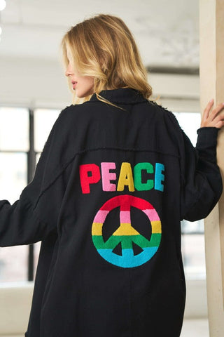 MULTI COLOR LETTERING PEACE SYMBOL BUTTON UP SHIRT Black Shirt