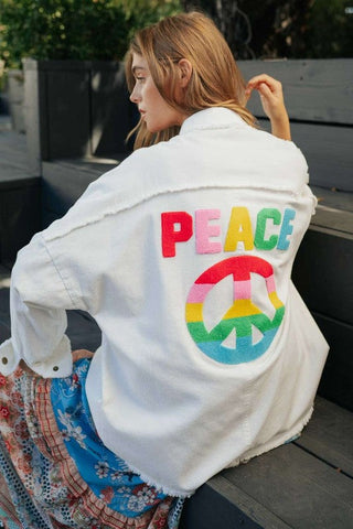 MULTI COLOR LETTERING PEACE SYMBOL BUTTON UP SHIRT White Shirt