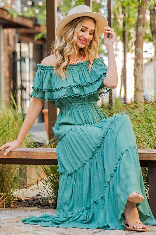 Off Shoulder Ruffle Maxi Dress SAGE Dress