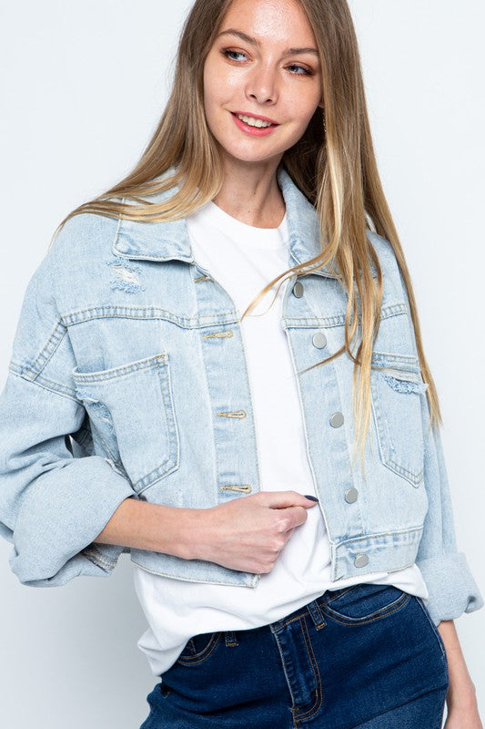 RHINESTONE FRINGE DISTRESSED DENIM JACKET denim jacket