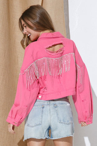 RHINESTONE FRINGE DISTRESSED DENIM JACKET denim jacket