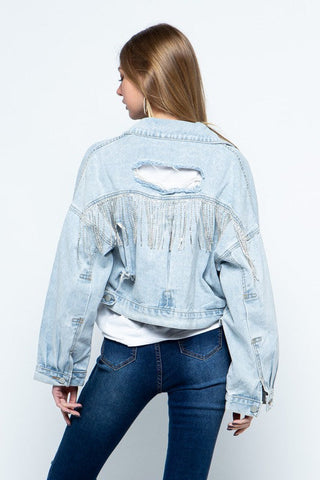 RHINESTONE FRINGE DISTRESSED DENIM JACKET denim jacket