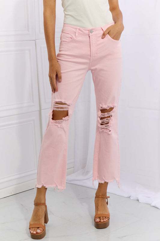 RISEN Miley Full Size Distressed Ankle Flare Jeans Blush Pink Pants
