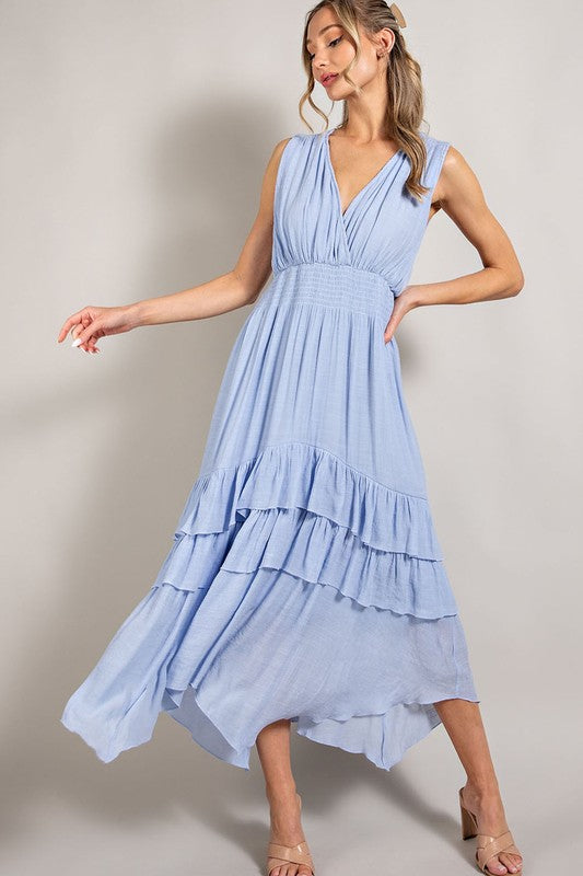 V Neck Ruffle Maxi Dress CHAMBRAY Dress