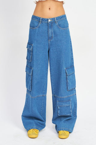 Wide Leg Cargo Denim Pants BLUE DENIM Denim pants