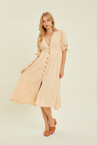 Full Size Textured Linen V-Neck Button-Down Midi Dress Dress