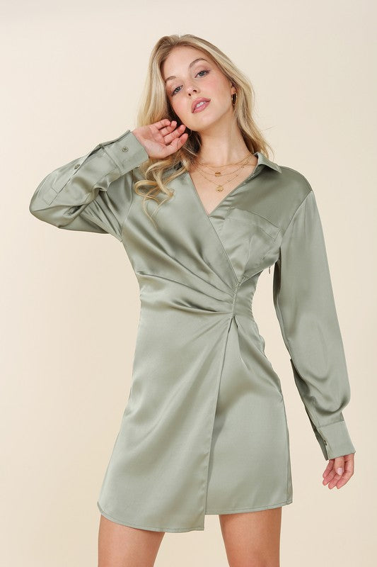 Satin collared wrap mini dress Dress