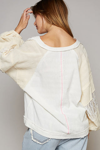 POL Balloon Sleeve Crochet Patch Top sweatshirt