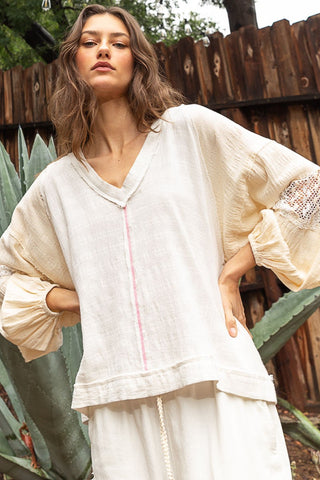 POL Balloon Sleeve Crochet Patch Top Off White Natural sweatshirt