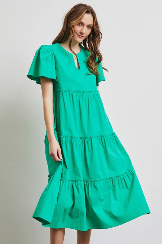 Full Size Cotton Poplin Ruffled Tiered Midi Dress Emerald Green Dress