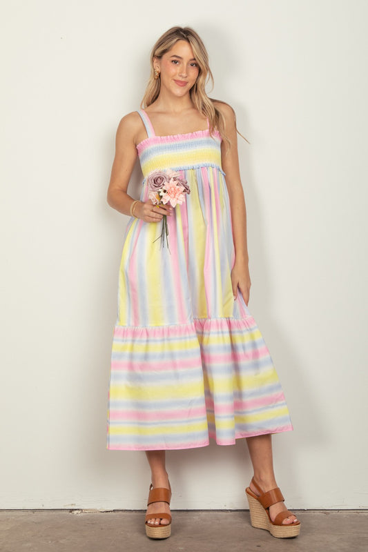 Striped Woven Smocked Midi Cami Dress PINKCOMBO Dress