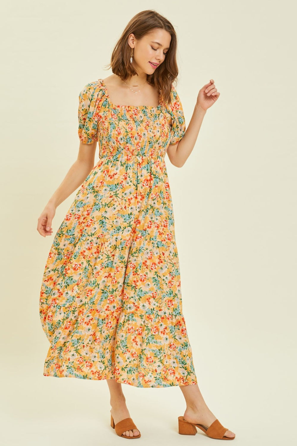 Full Size Floral Smocked Tiered Midi Dress Dress