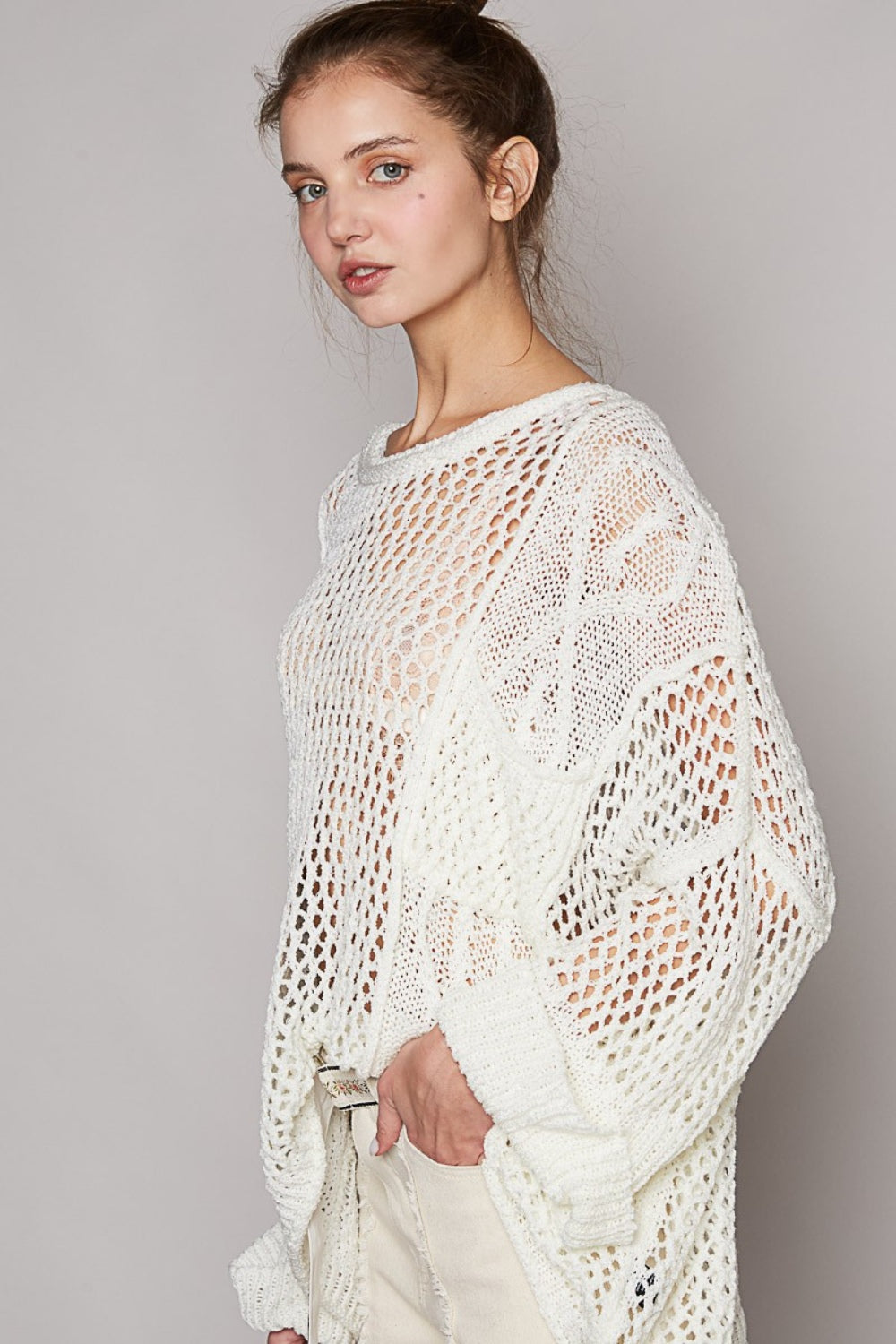 POL Openwork Long Sleeve Knit Cover Up top