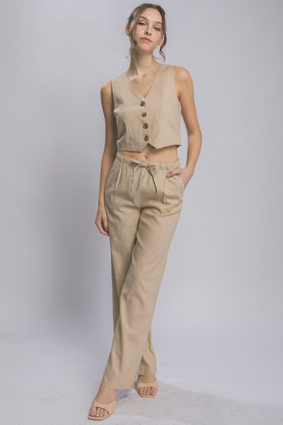 LOVE TREE Drawstring Wide Leg Pants with Pockets KHAKI Pants