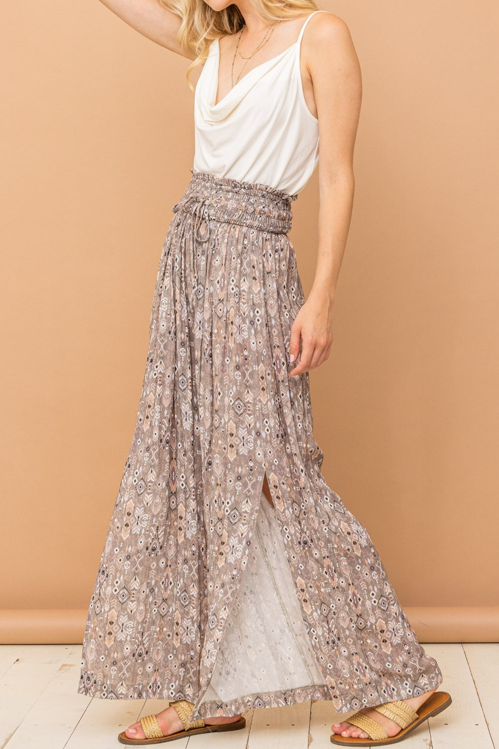 And The Why Printed Smocked Waist Slit Wide Leg Pants Grey Pants