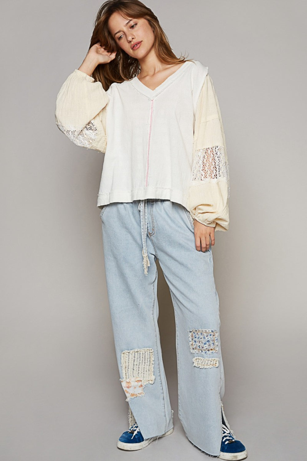 POL Balloon Sleeve Crochet Patch Top sweatshirt