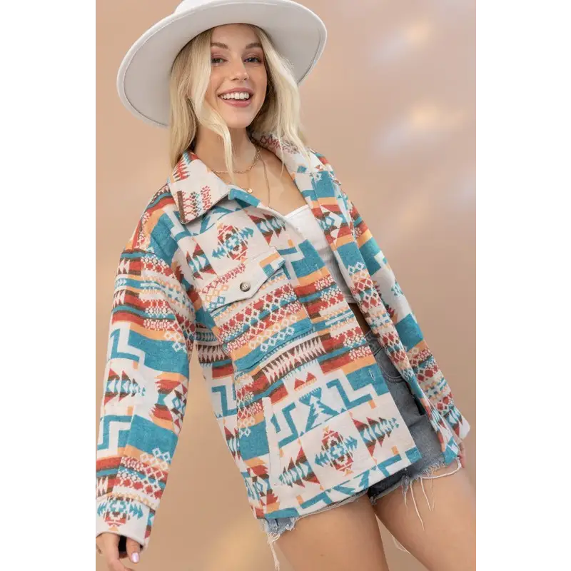 Aztec Western Shacket Teal Jacket