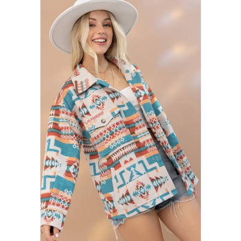 Aztec Western Shacket Teal Jacket