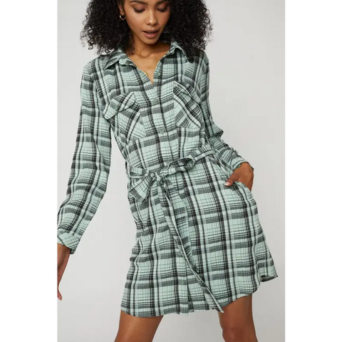 BELTED PLAID SHIRT DRESS Dress