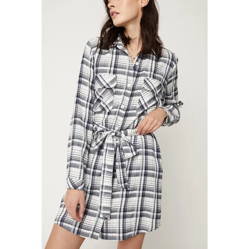 BELTED PLAID SHIRT DRESS White Black Dress