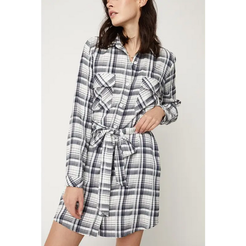 BELTED PLAID SHIRT DRESS White Black Dress