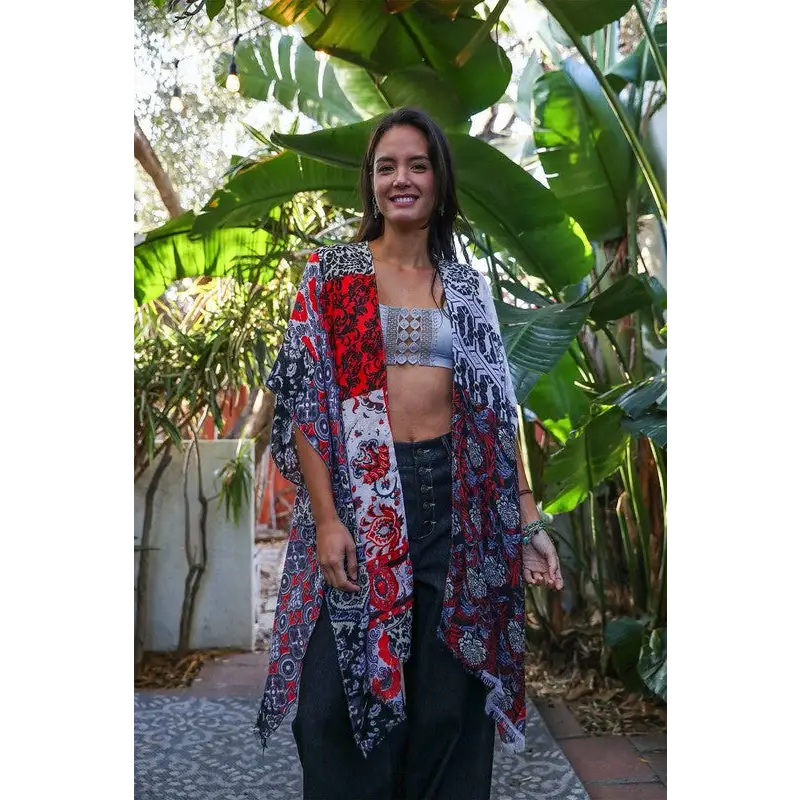 Boho Floral Patchwork Kimono Red Default Kimono Cardigan