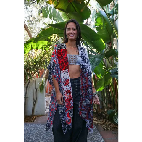 Boho Floral Patchwork Kimono Red Default Kimono Cardigan