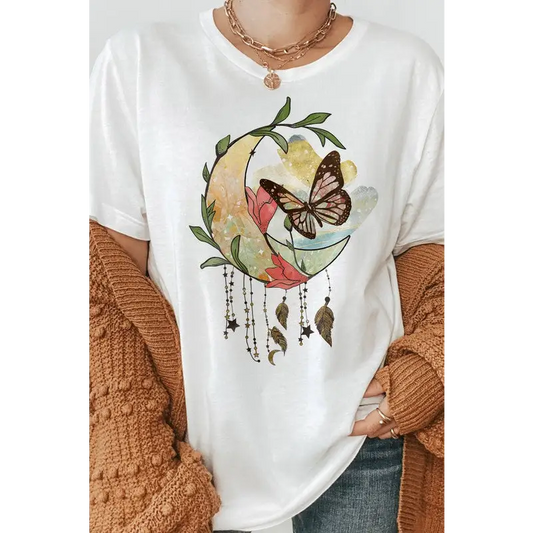 Boho Moon Flowers and Butterfly Graphic Tee White Graphic Tee