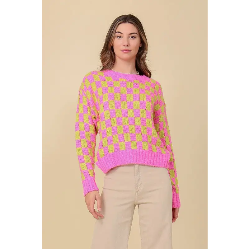 Checkerboard Pullover Sweater PINK LIME Sweater