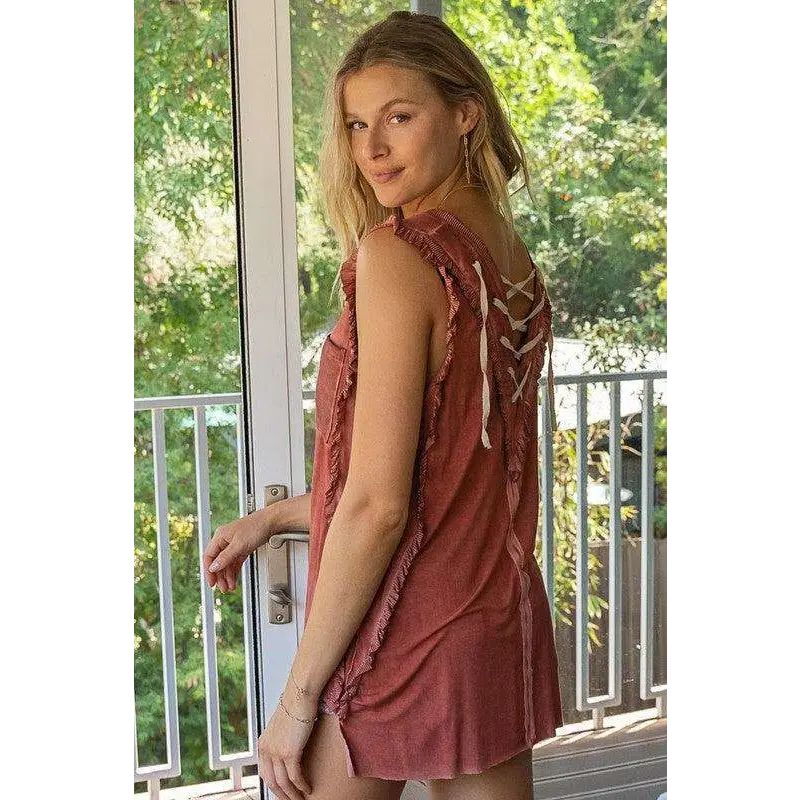 Criss-cross Lace-up Open Back Tank Top HEATHER GREY Top