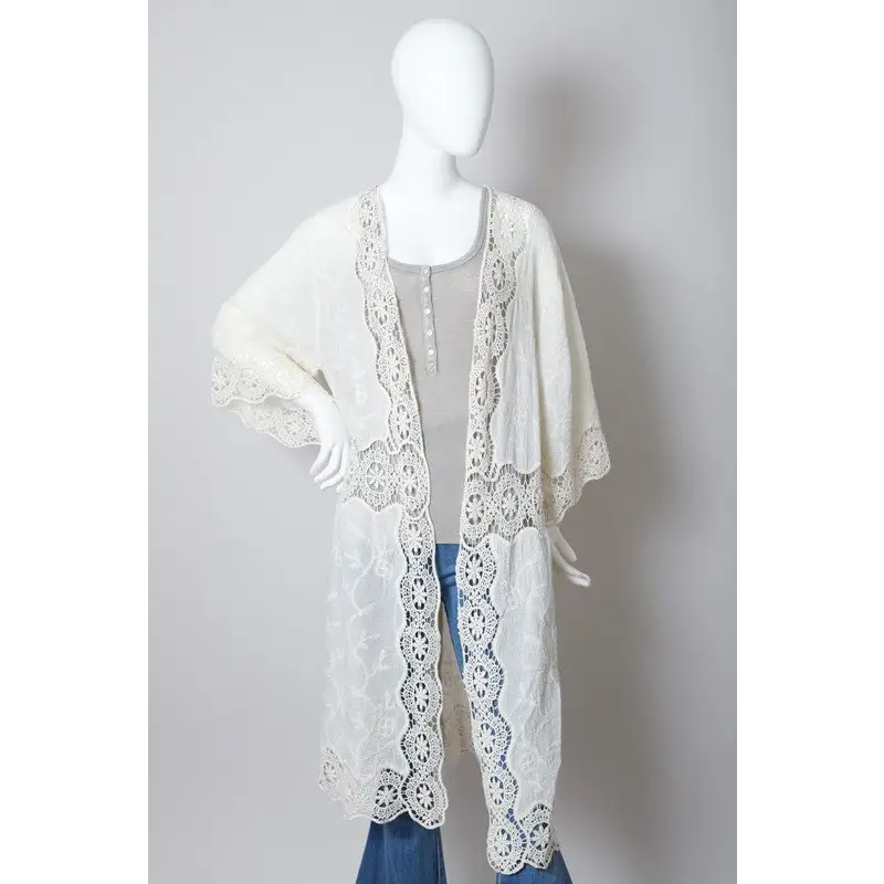 Crochet Open Patch Longline Kimono Ivory One Size Kimono Cardigan