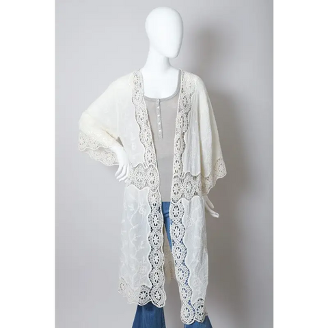 Crochet Open Patch Longline Kimono Ivory One Size Kimono Cardigan