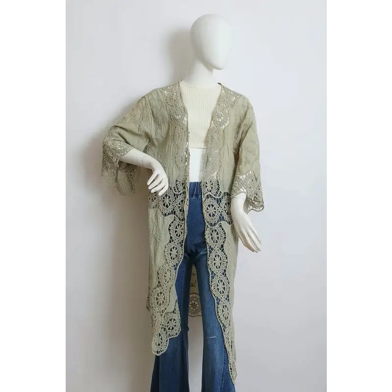 Crochet Open Patch Longline Kimono Sage One Size Kimono Cardigan