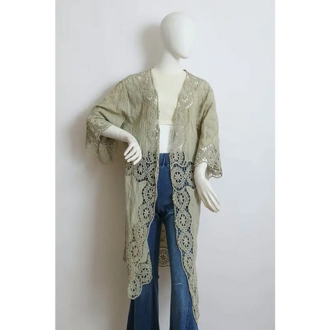 Crochet Open Patch Longline Kimono Sage One Size Kimono Cardigan