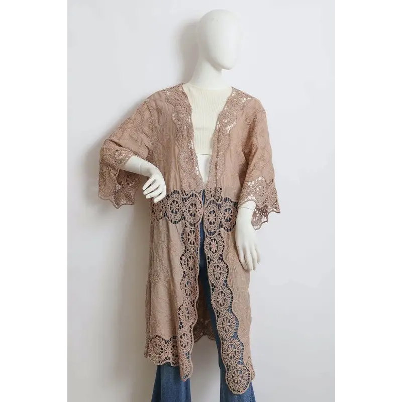 Crochet Open Patch Longline Kimono Taupe One Size Kimono Cardigan