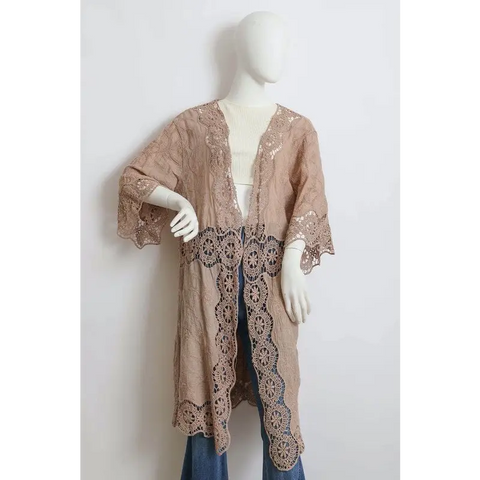 Crochet Open Patch Longline Kimono Taupe One Size Kimono Cardigan