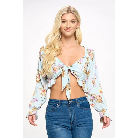 Crop blouse cardian top tie front long sleeve Blue Top