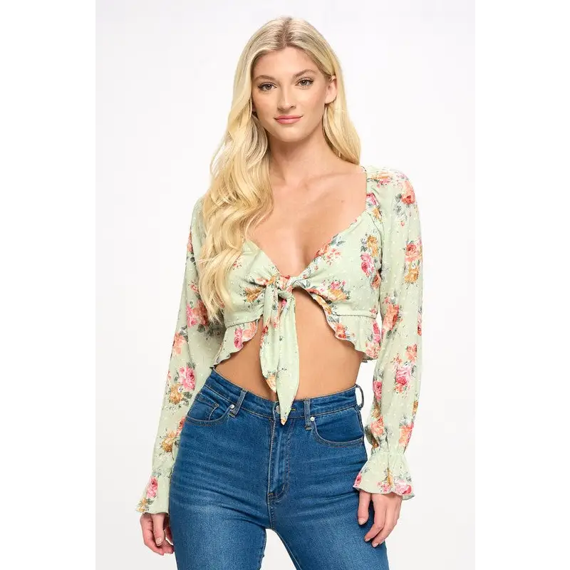 Crop blouse cardian top tie front long sleeve sage Top