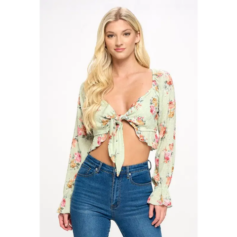 Crop blouse cardian top tie front long sleeve sage Top