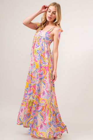 And The Why Full Size Printed Tie Shoulder Tiered Maxi Dress Multicolor Dress