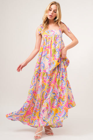 And The Why Full Size Printed Tie Shoulder Tiered Maxi Dress Dress