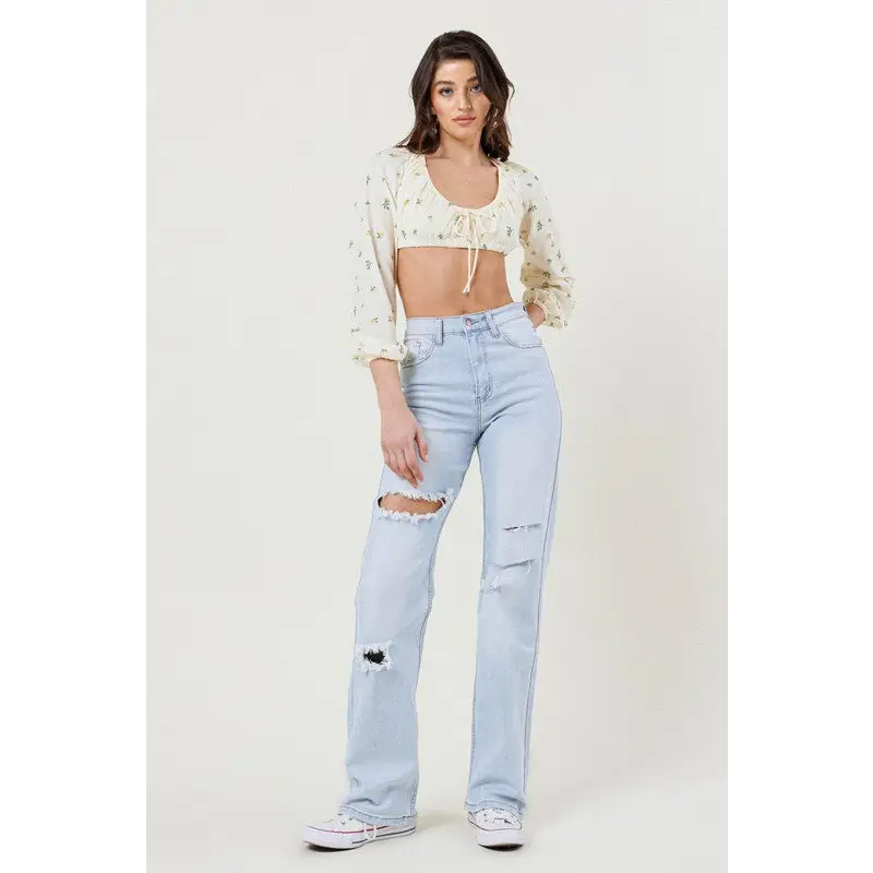 Distressed Wide Leg Jeans Light Stone Jeans